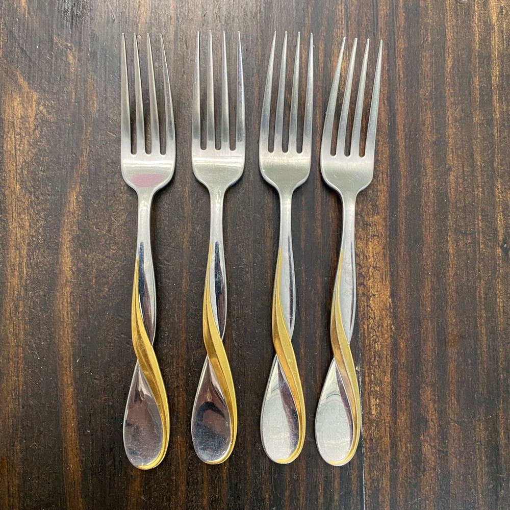 Oneida USA Golden Aquarius Swirl Stainless Gold Accent Dinner Forks Set of 4 7"